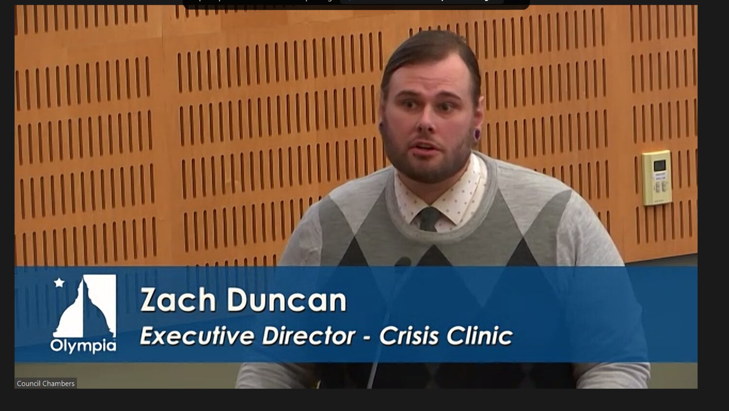 Zach Duncan, executive director of the Crisis Clinic in Thurston-Mason Counties, spoke about the Crisis Clinic at the Olympia City Council meeting on Tuesday, September 12, 2023.